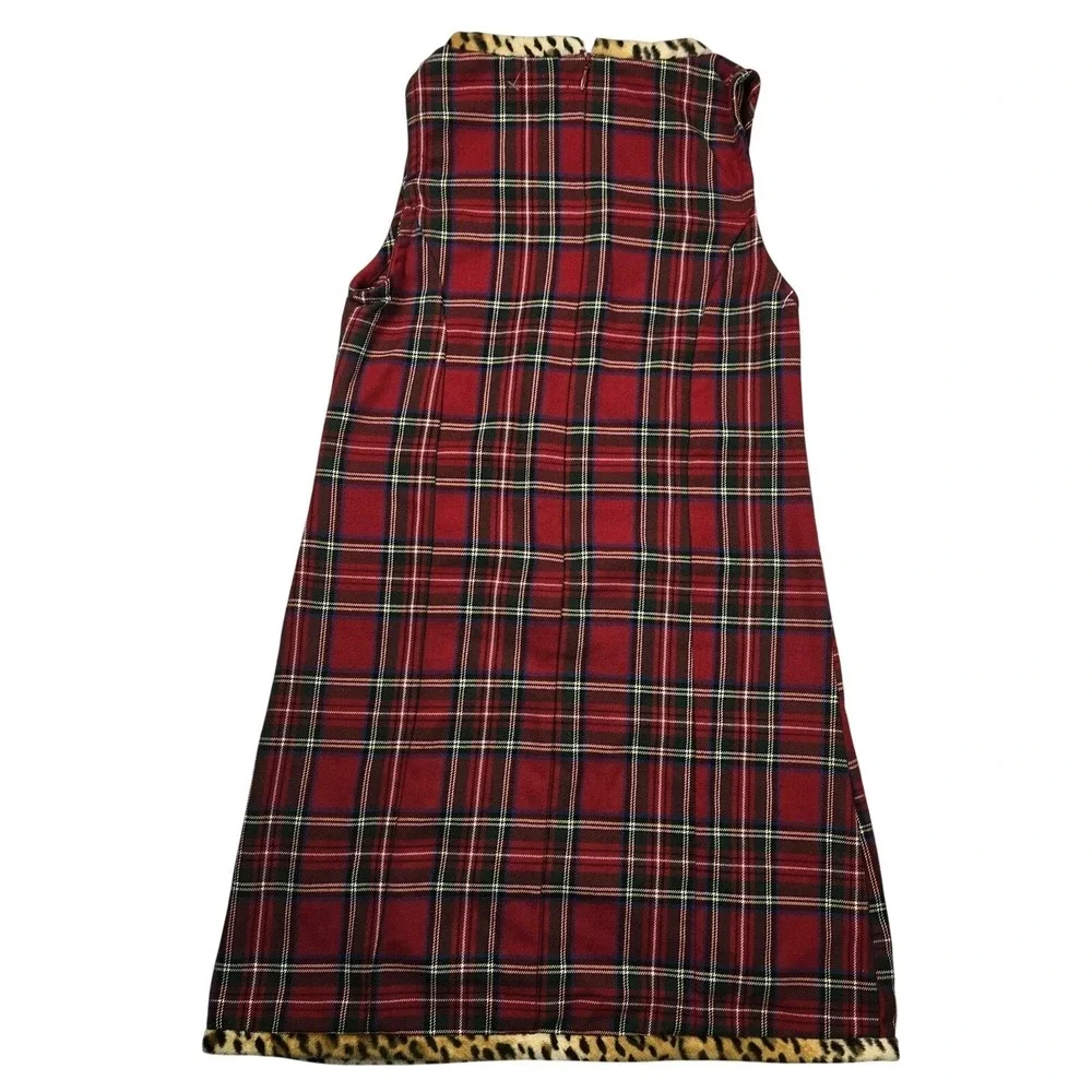 The Children's Place Girls Plaid Sleeveless Holiday Dress Size 8 w/ Leopard Trim